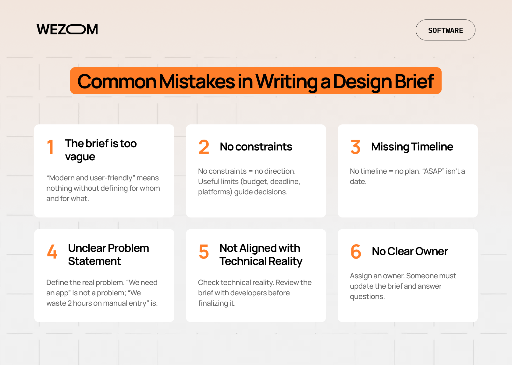 Common mistakes in writing a design brief – vague goals, missing timeline, unclear problem, lack of constraints, technical misalignment, and no clear owner.